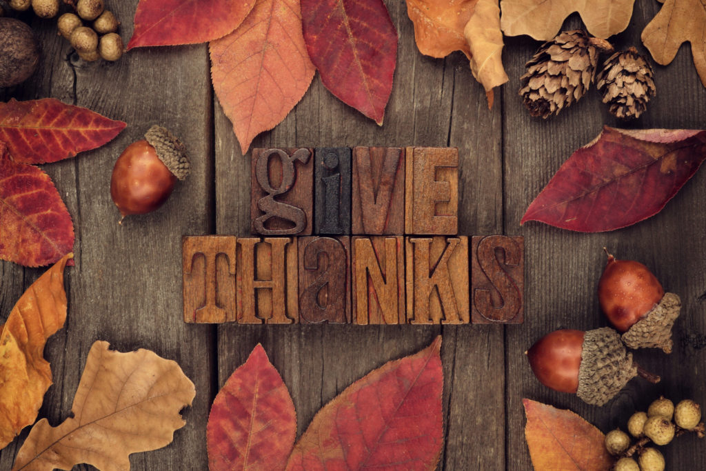 Give Thanks letterpress with frame of autumn leaves over wood