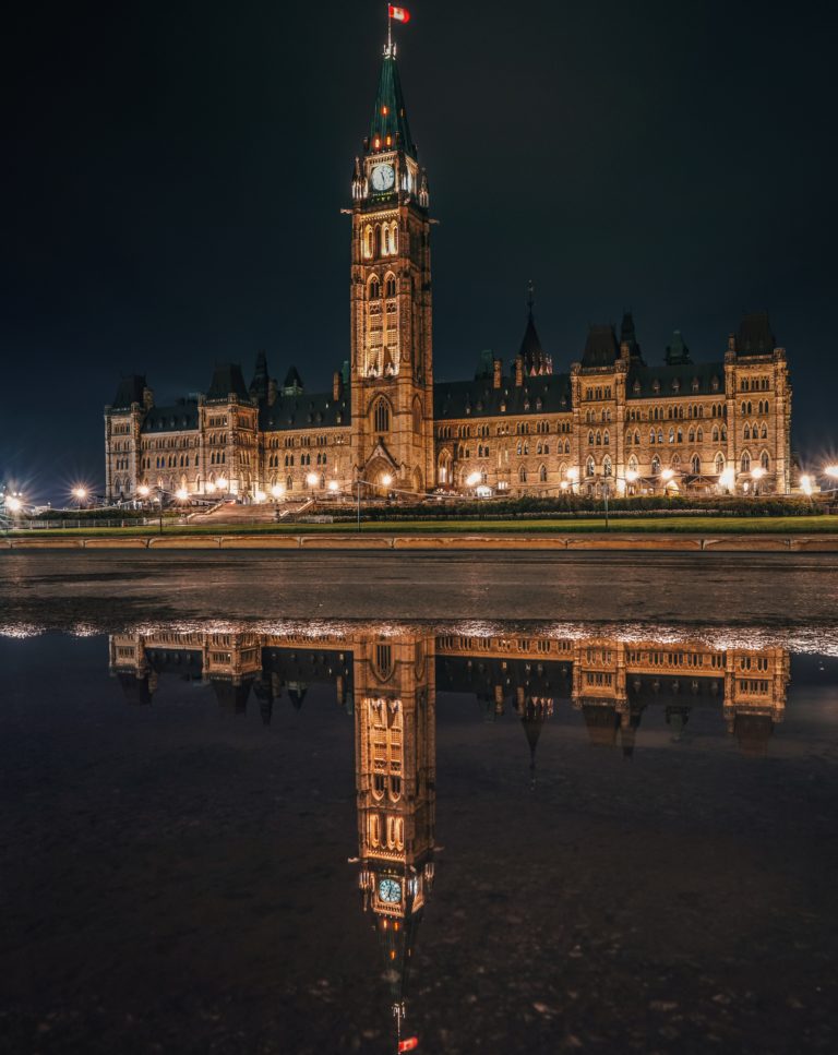 Parliament building lit up with lights at night